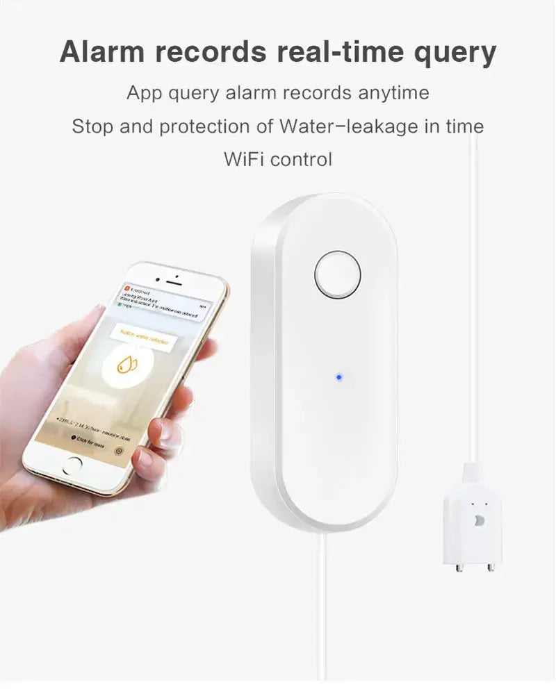 Tuya WiFi Smart Water Leak Sensor, white oval detector with blue LED and SmartLife app control