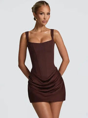 Mozision Backless Ruched Mini Dress With Tapered Straps Square Collar