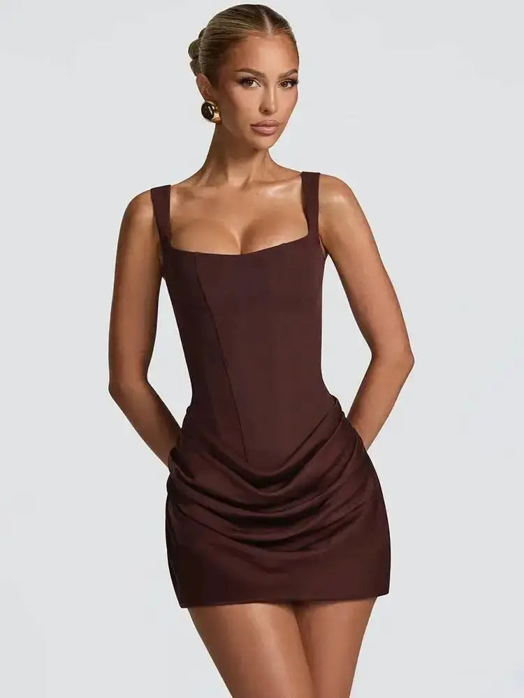 Mozision Backless Ruched Mini Dress With Tapered Straps Square Collar