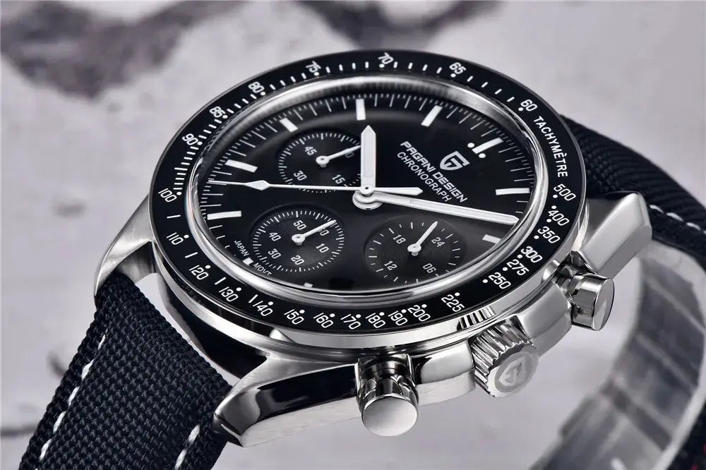 PAGANI DESIGN 500 chronograph watch with black dial, three subdials, tachymeter bezel, stainless steel case, fabric strap