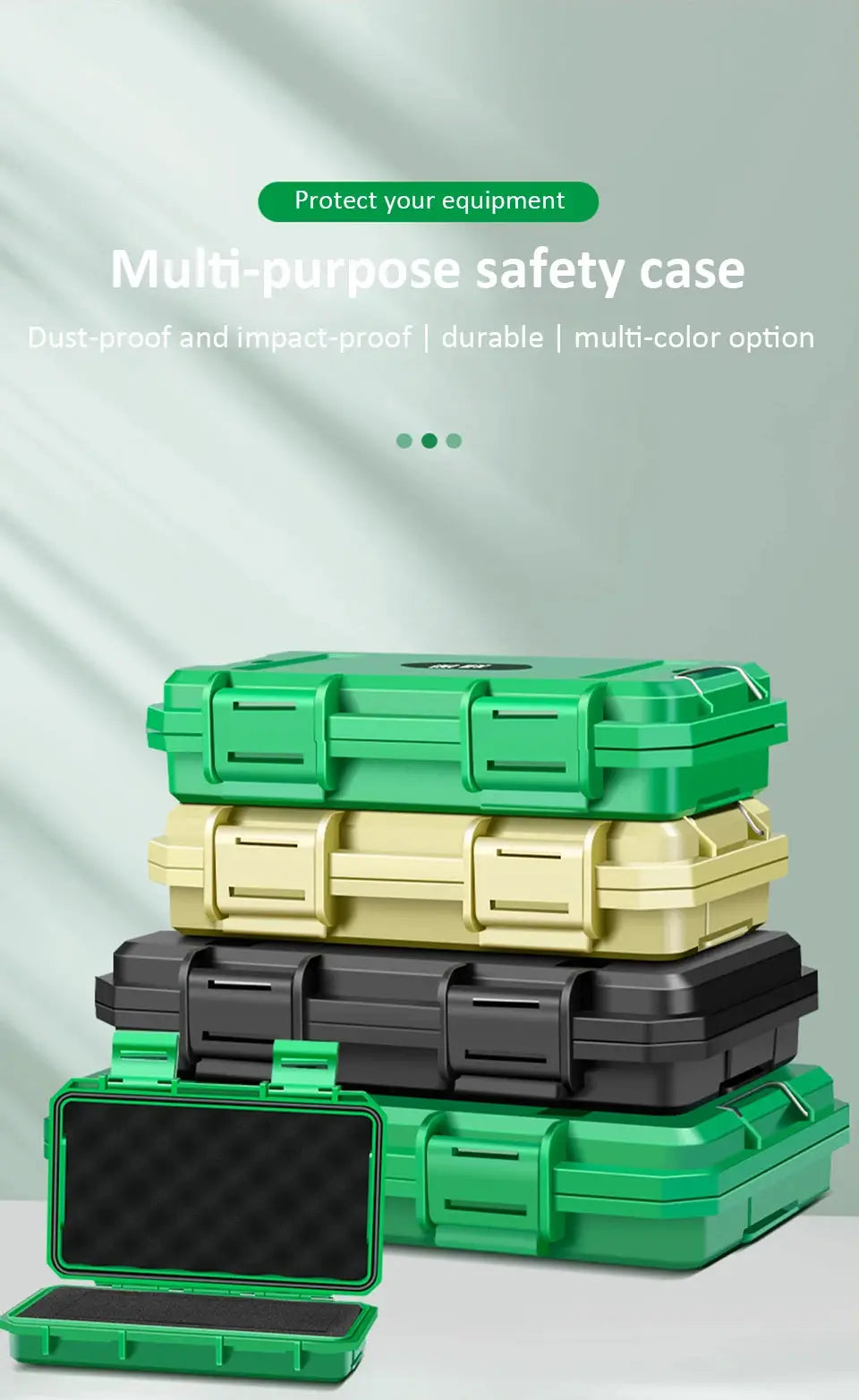Simples Market 5-piece waterproof storage case set; stackable green, beige, and black shockproof tool boxes with a foam-lined open case