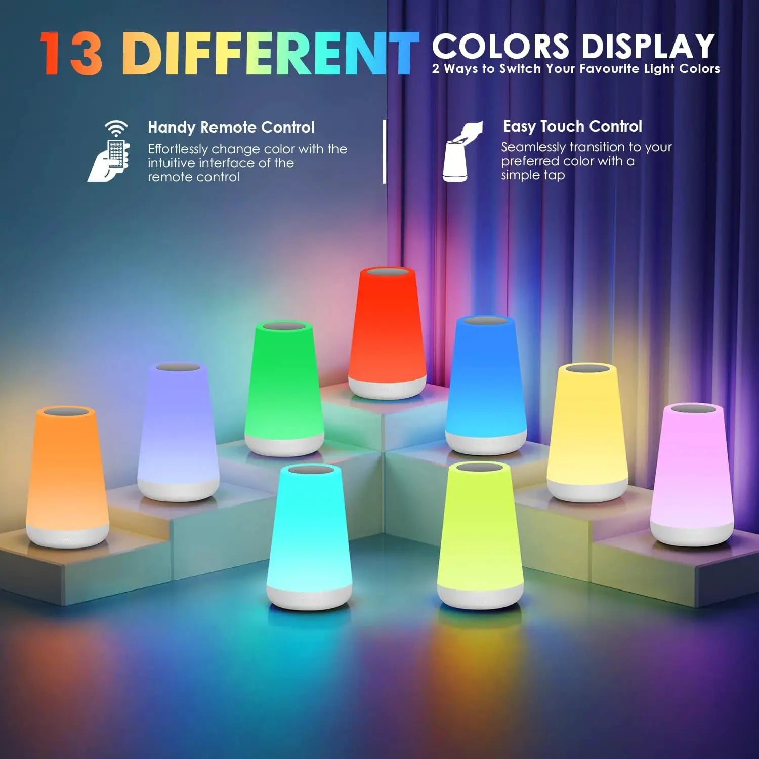 LumaGlow 13 Color Changing LED Night Light With Remote Control And Touch Sensor USB Rechargeable RGB Bedside Lamp