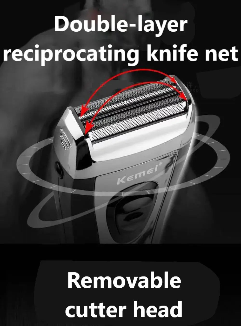 Kemei KM-9038 cordless men's foil shaver with double-layer foil head and removable cutter head, chrome body, USB charging