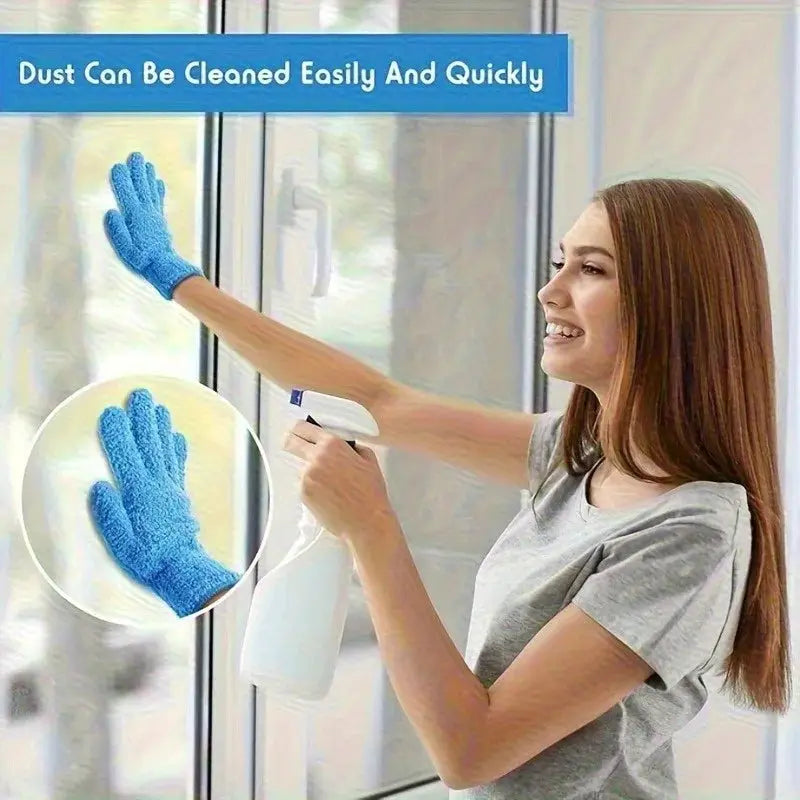 Blue microfiber dusting gloves for cleaning windows and surfaces; stretchable, breathable
