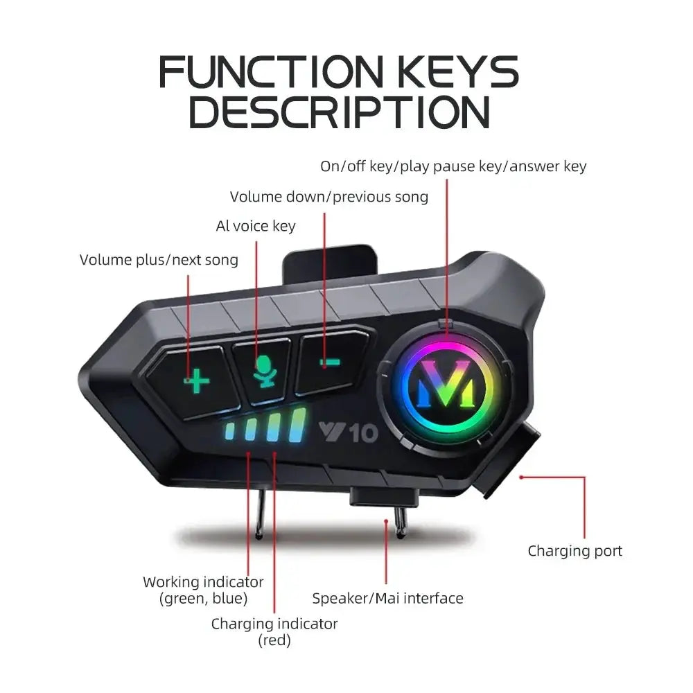Y10 Motorcycle Bluetooth 5.3 Helmet Headset IPX6 Waterproof Colorful Lights Handsfree Edition