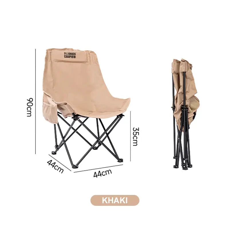 Moon chair, khaki outdoor folding camping chair by Simples Market; portable foldable seating.