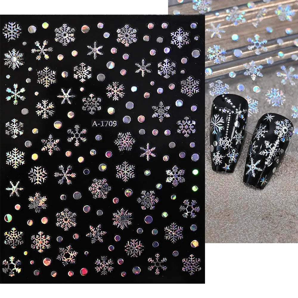 Nail stickers sheet with holographic snowflakes and dots on black background; shown on two black nails.