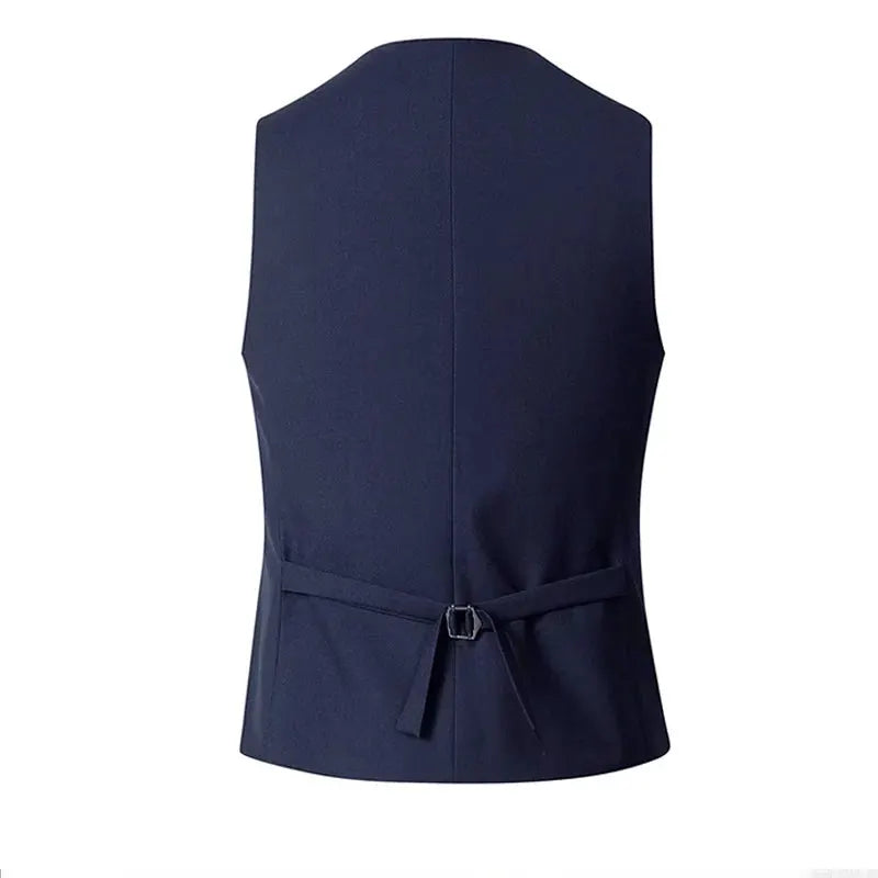 Men's navy sleeveless suit vest with adjustable waist belt, back view.
