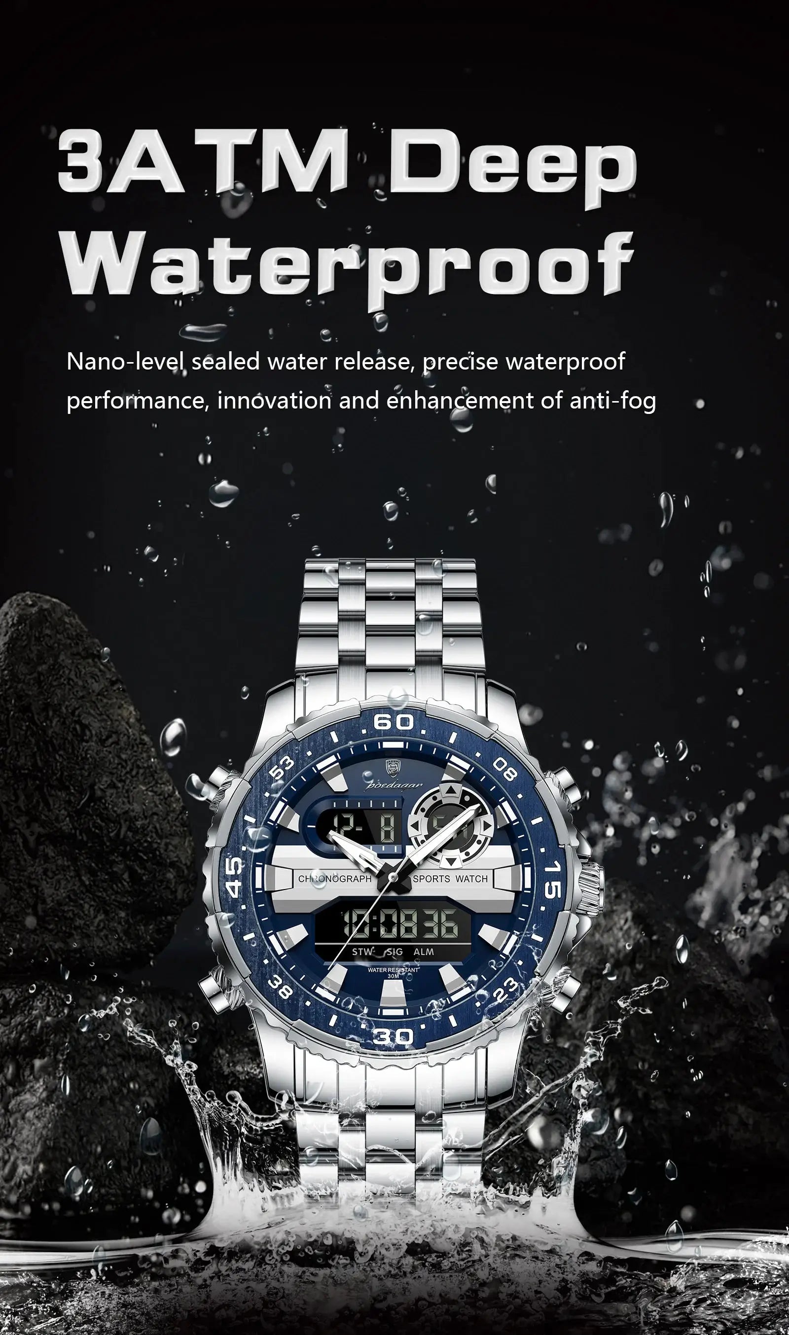 POEDAGAR men's digital wristwatch with stainless steel bracelet and blue bezel LED display
