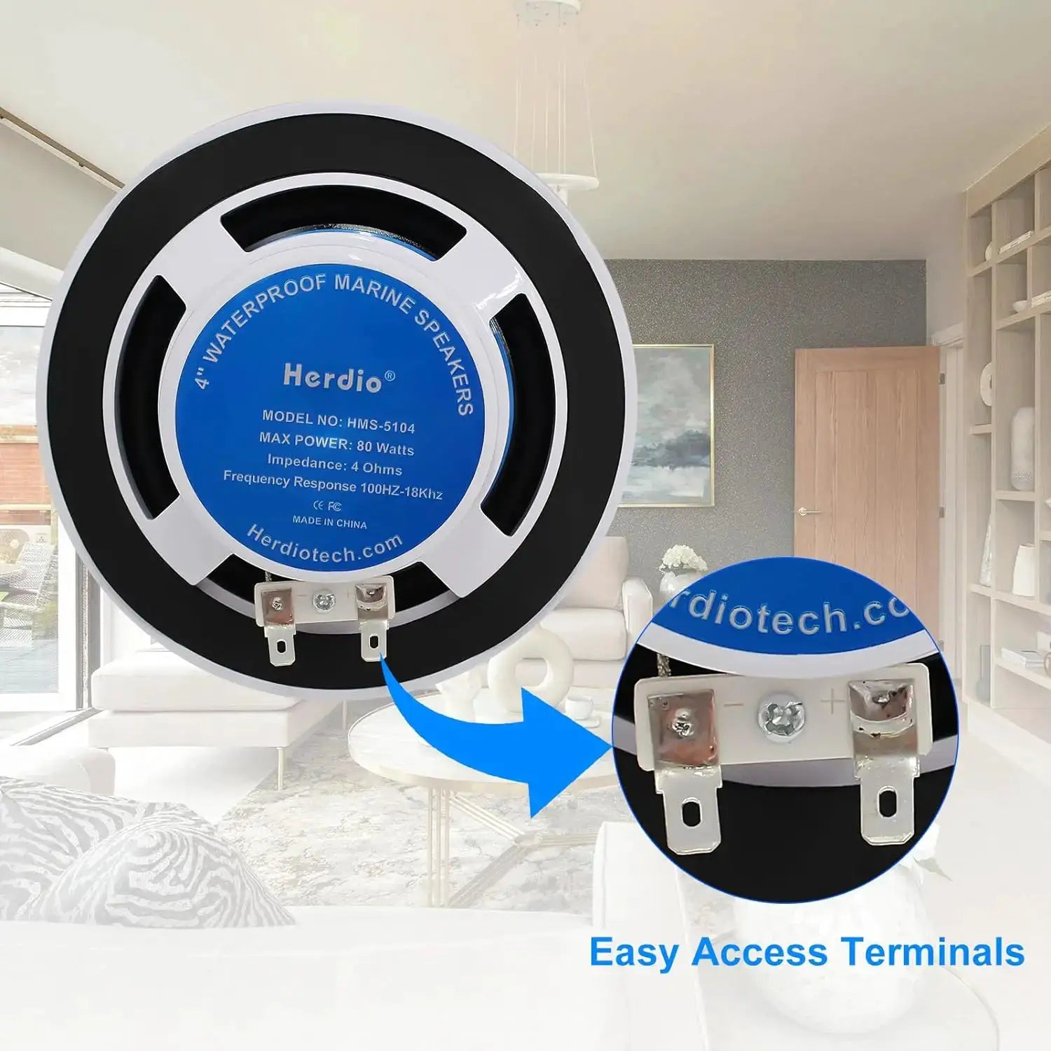 Herdio waterproof built-in ceiling speaker, 4-inch, Bluetooth-compatible with easy-access terminals