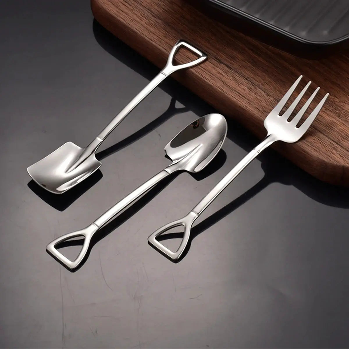 9 Piece Stainless Steel Dessert Forks And Spoons Set Shovel Shaped Spade Kitchen Utensils