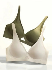 Simples Market women's seamless padded bralette, non-wire, V-neck; two bras in beige and olive green