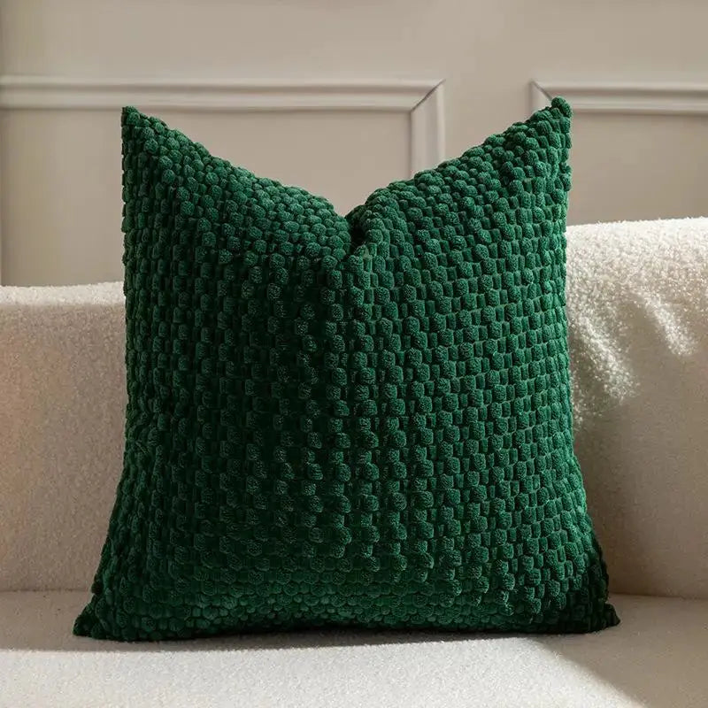 Sofa cushion cover in green velvet, double-sided with chunky textured front