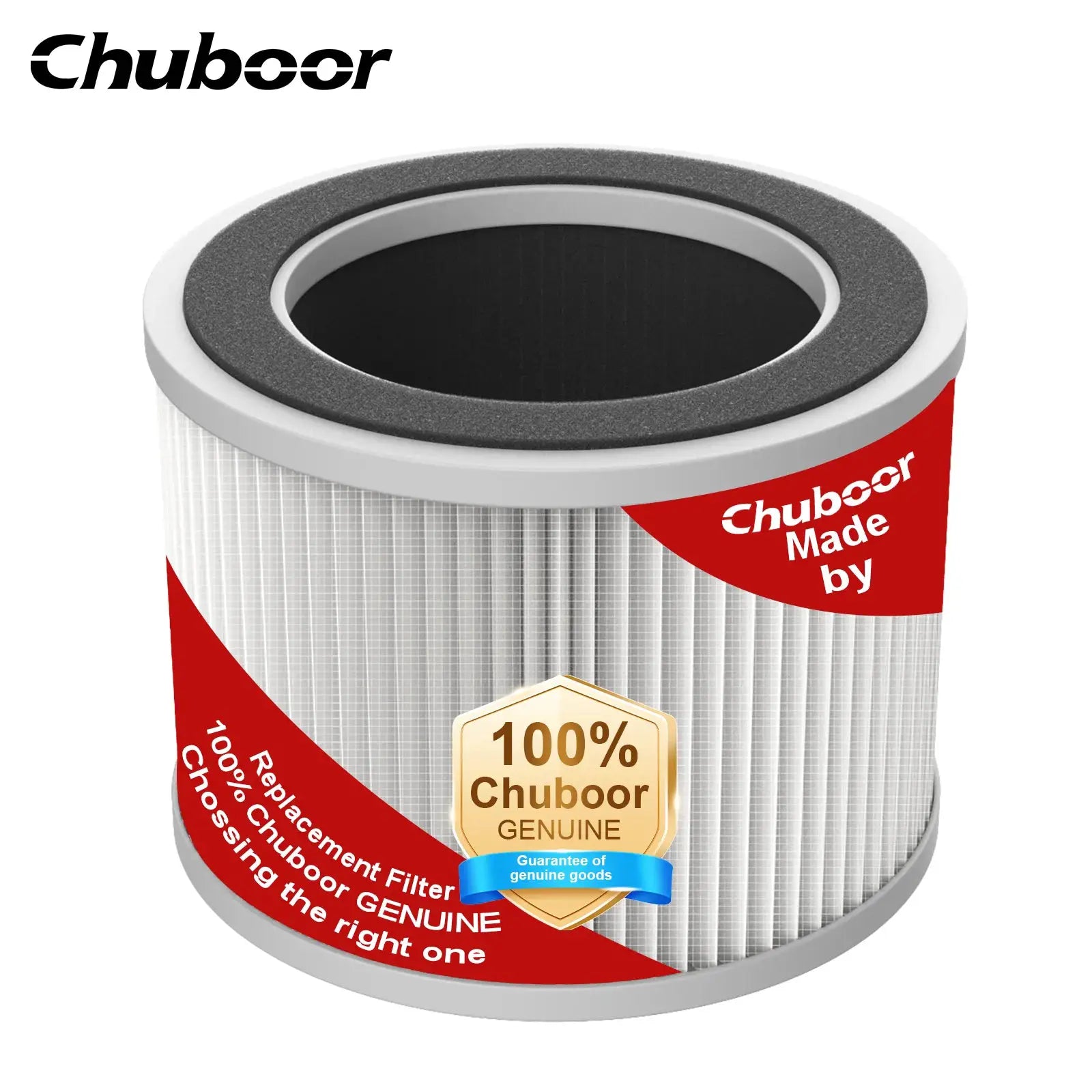 Chuboor air purifier filter cartridge with gray ring and pleated white filter, branded seal marks