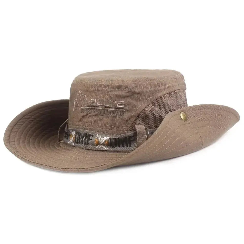 Summer men's bucket hat with UV protection, tan color, wide brim and mesh back