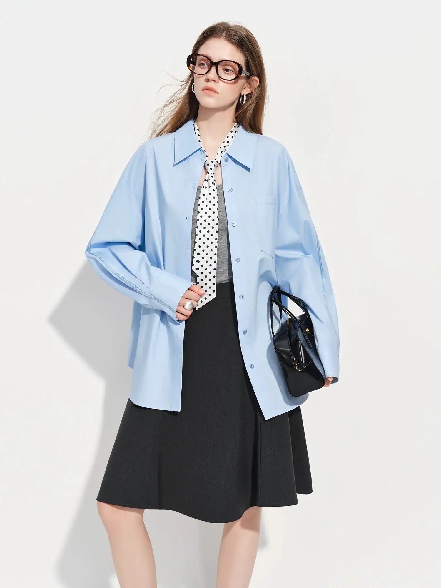Women's oversized light-blue cotton shirt from FSLE Premium Series, long sleeves, layered with a polka-dot scarf