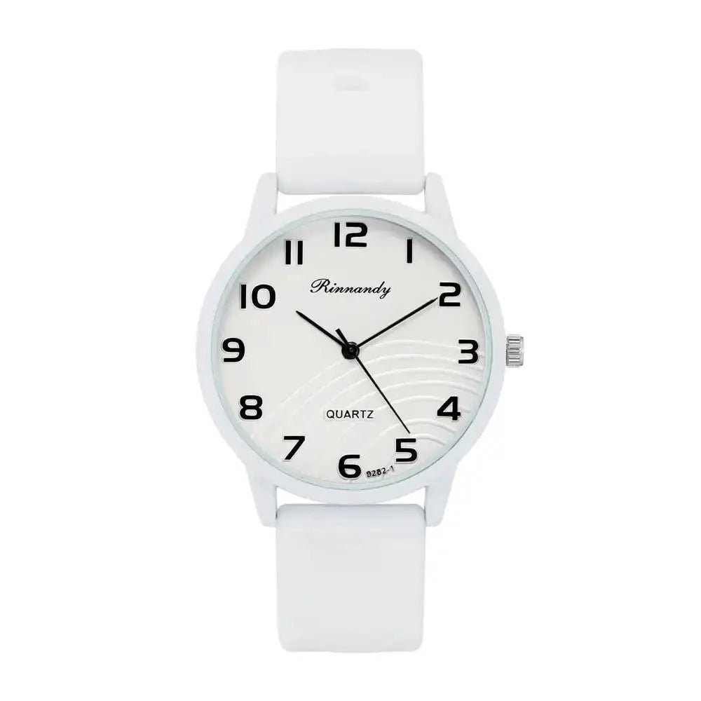 Rinnandy white silicone-band women's quartz watch with black Arabic numerals.