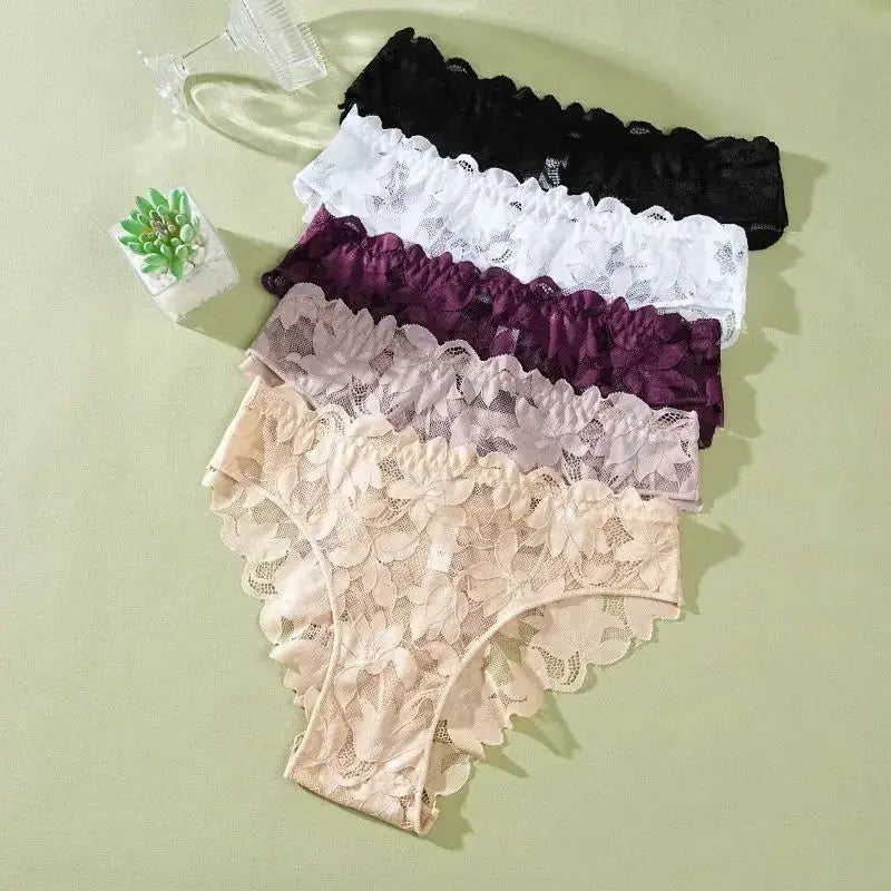 Simples Market 5-piece lace panties set for women, floral lace, low-rise briefs in assorted colors.