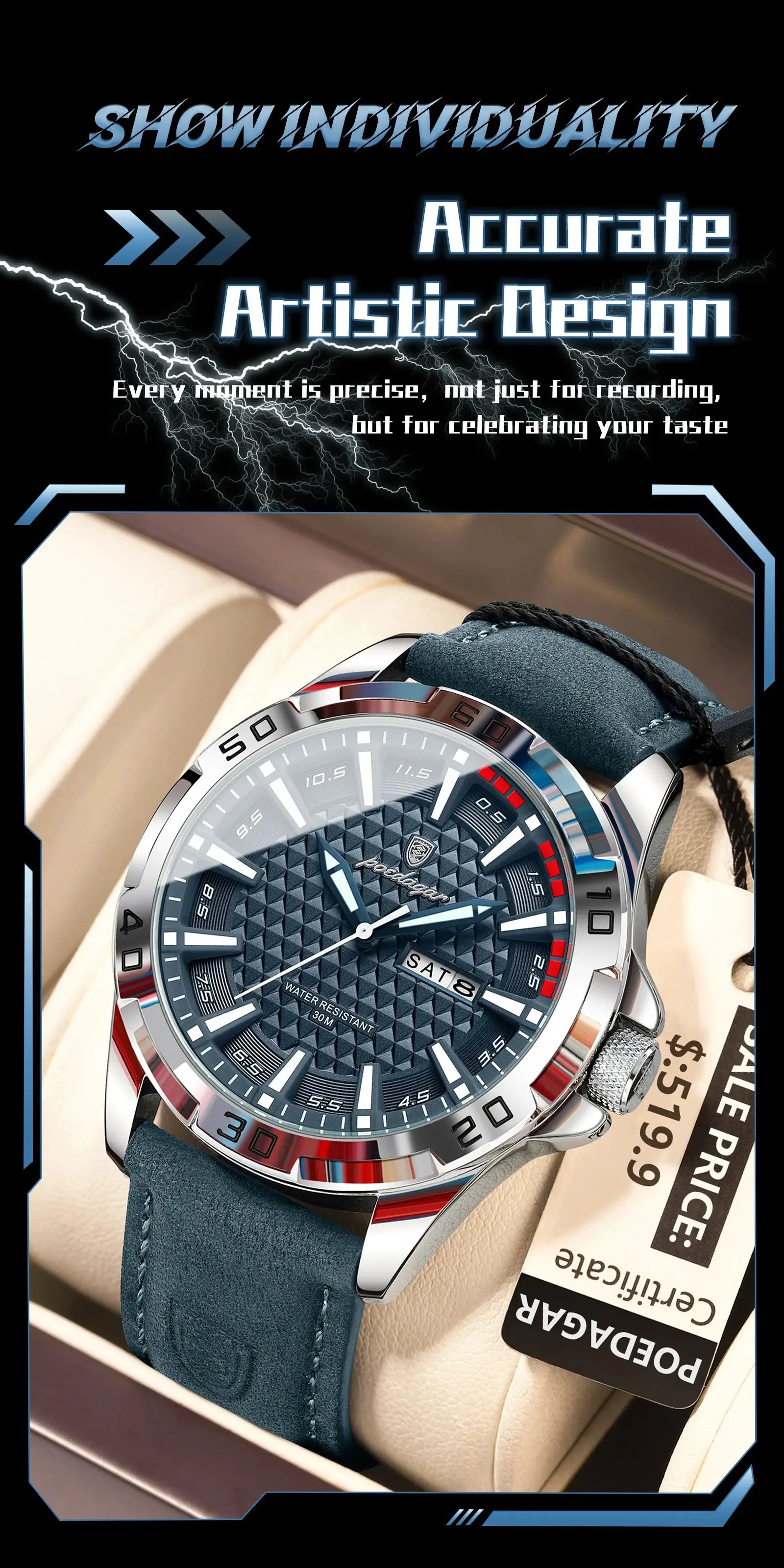 POEDAGAR men's wristwatch with blue dial, stainless steel case and blue leather strap with date window