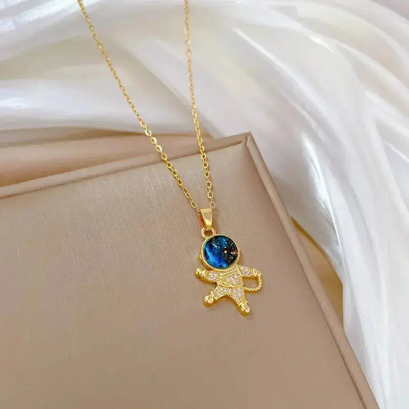 Light Luxury Titanium Steel Star Series Necklace For Women With Gold Planet Moon Astronaut Pendant Jewelry Gift