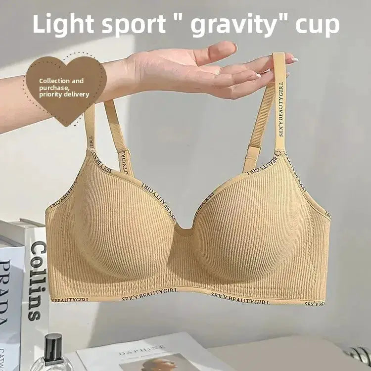 Beige wireless push-up bra with 6cm thickened cups, ribbed seamless fabric, adjustable straps