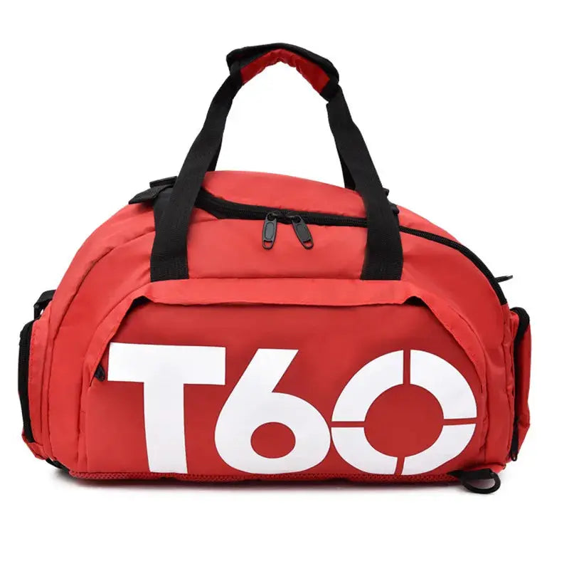 Gym bag red waterproof duffel with black handles and large white T60 logo