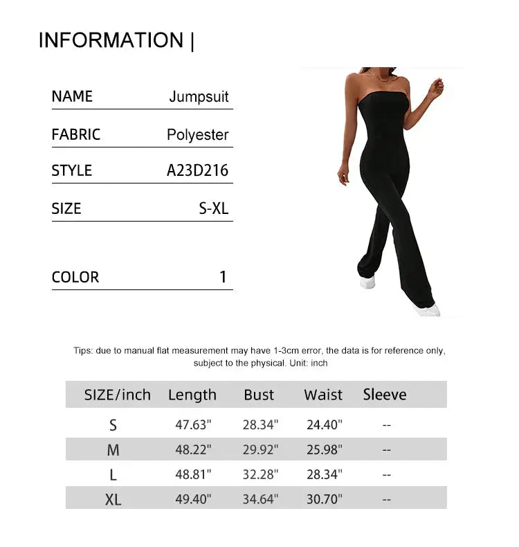 Jumpsuit by Simples Market, strapless black polyester with drawstring waist and micro-flare legs.