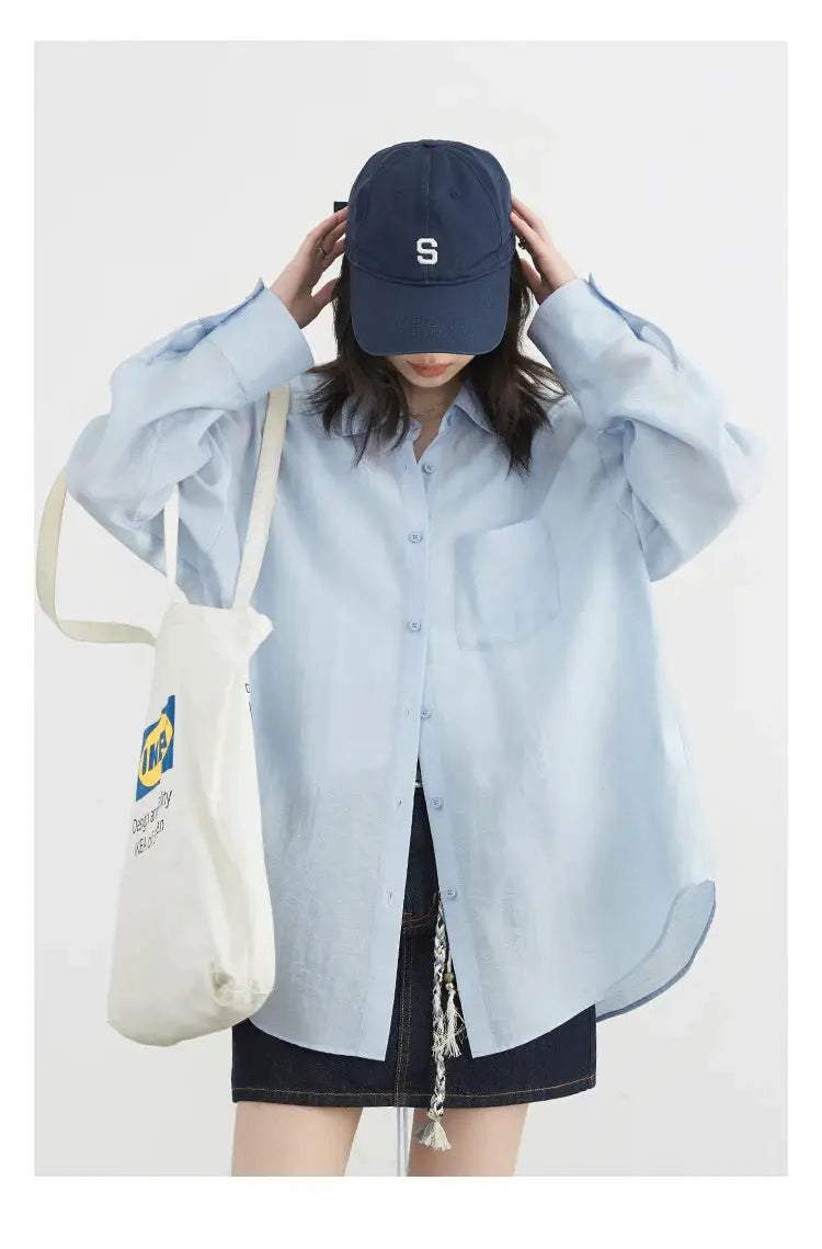 CHIC VEN women's oversized light-blue button-up shirt with front pocket