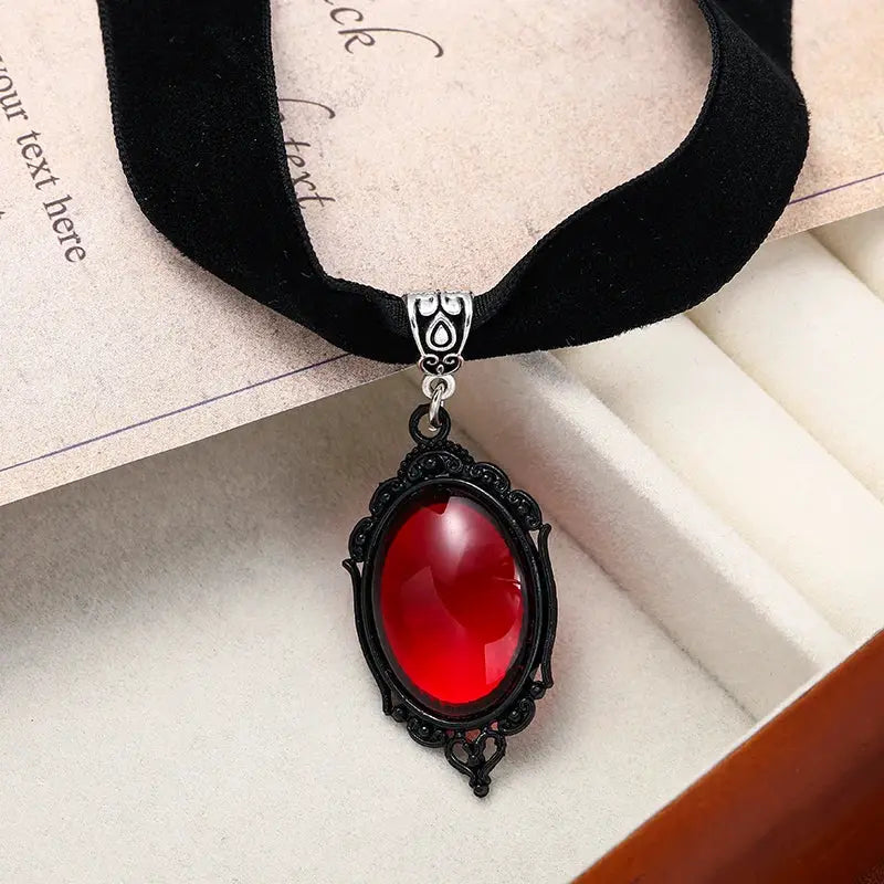 Gothic Witch Blood Red Pendant Choker Necklace For Women Vintage Black Velvet Jewelry Accessory
