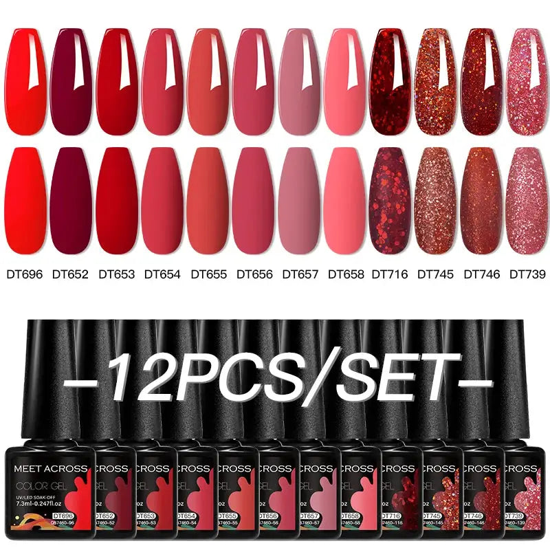 MEET ACROSS 12PCS gel nail polish set by Simples Market in pink glitter and red shades