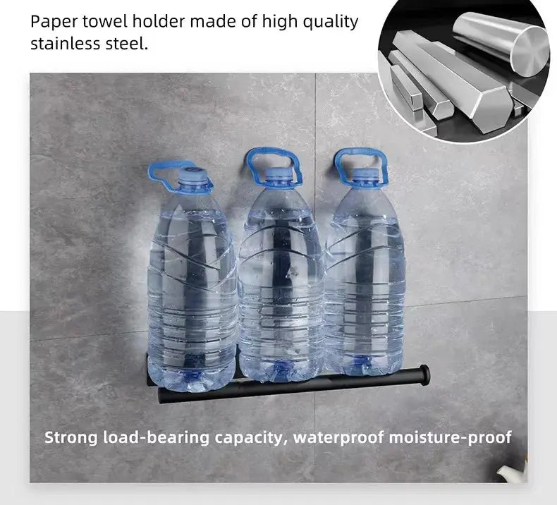 Kitchen paper towel holder by Simples Market, stainless steel, wall-mounted adhesive rack holding three water bottles