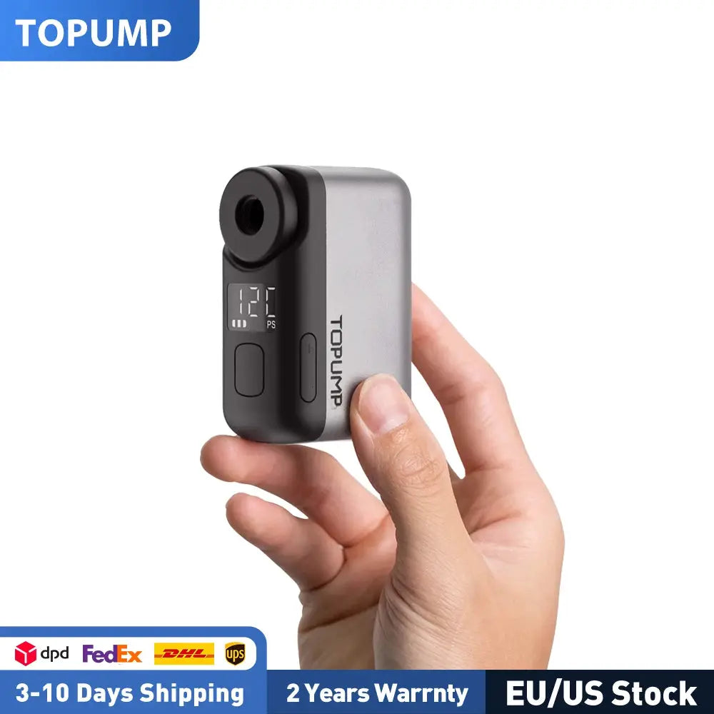 TOPUMP TB2 PRO compact electric bike pump; gray cordless inflator with digital display showing 120 PSI