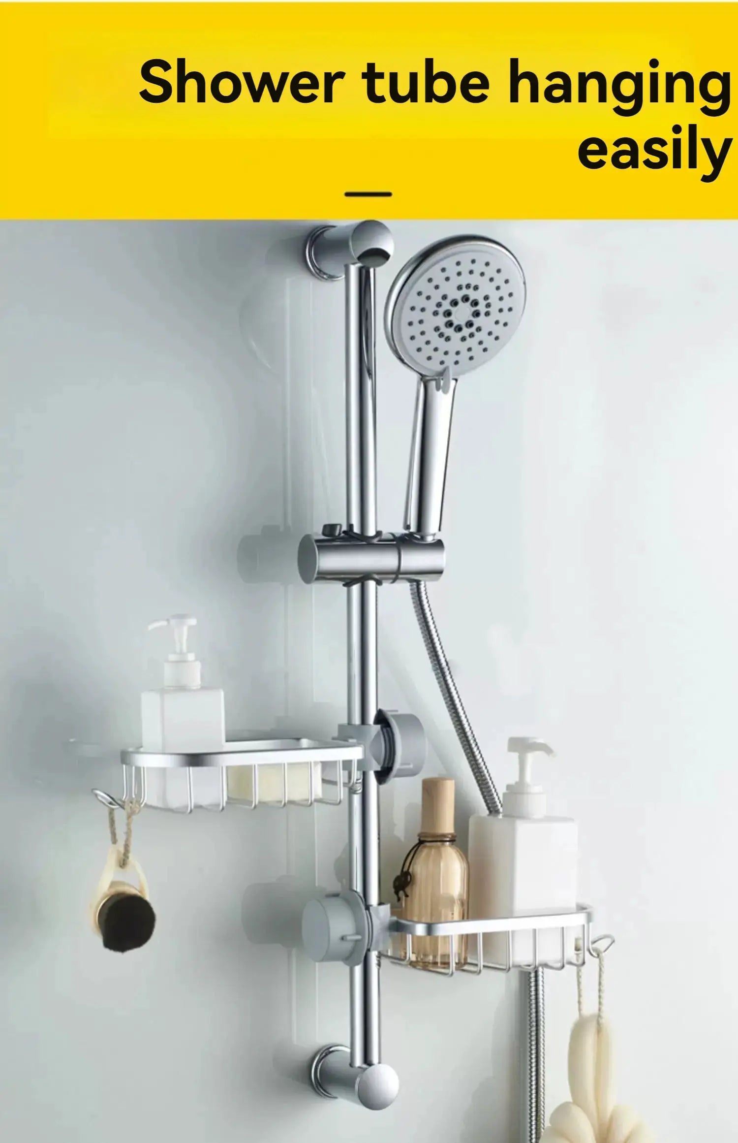 Shower rack system by Simples Market; chrome aluminum punch-free bathroom storage with shelves and hooks