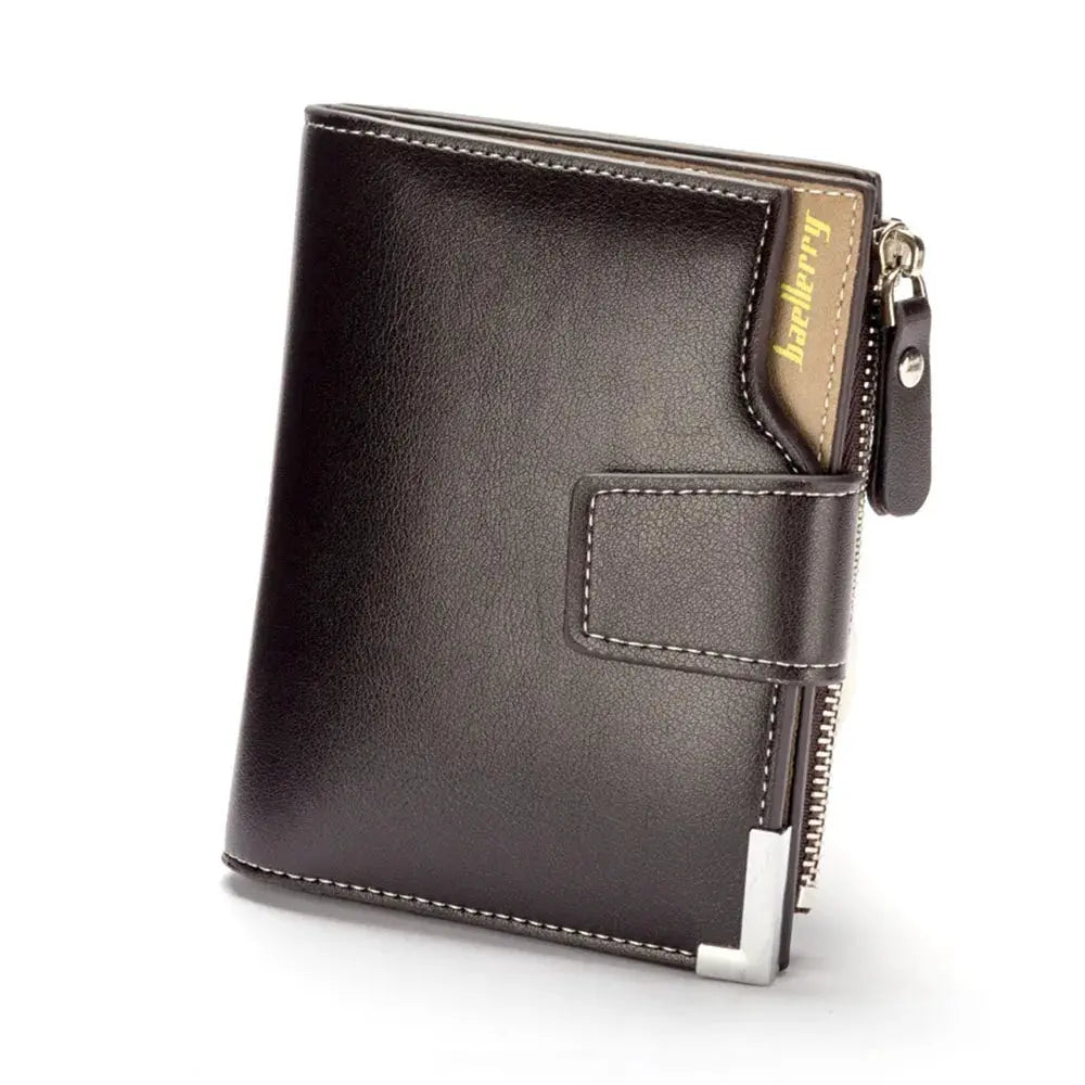 Baellerry short luxury men's black leather wallet with zipper coin pocket