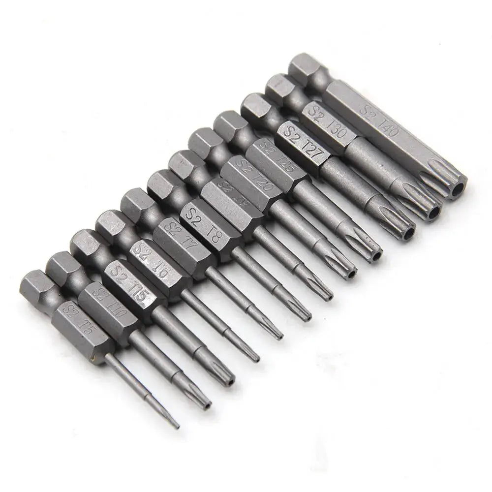 12pc Hollow Plum Blossom Screwdriver Bits 50mm Long S2 Steel Hex Shank for Woodworking Drill Set