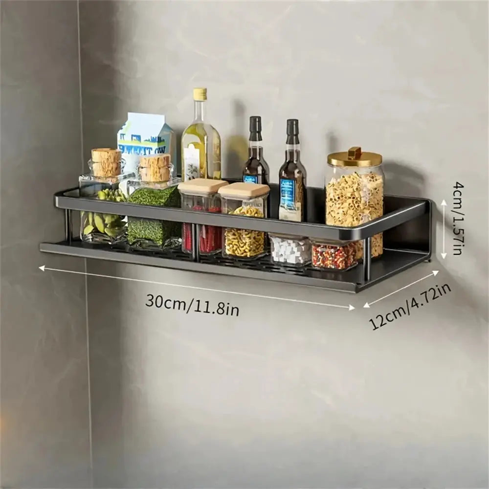 Gray metal multi-functional wall-mounted seasoning rack by Simples Market with jars and bottles