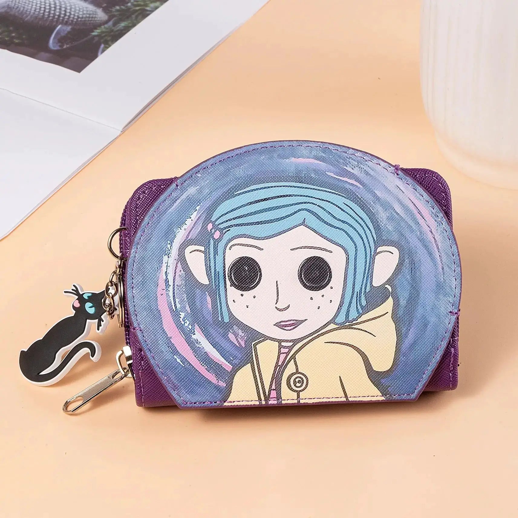 Caroline Sweet round cartoon coin purse; purple trim, blue-haired girl design, mini wallet