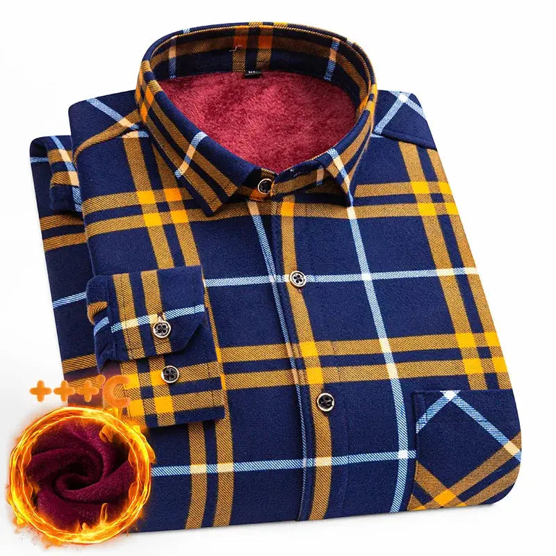 Men's thick plaid flannel shirt with fleece lining, navy and yellow, plus-size 7XL/8XL