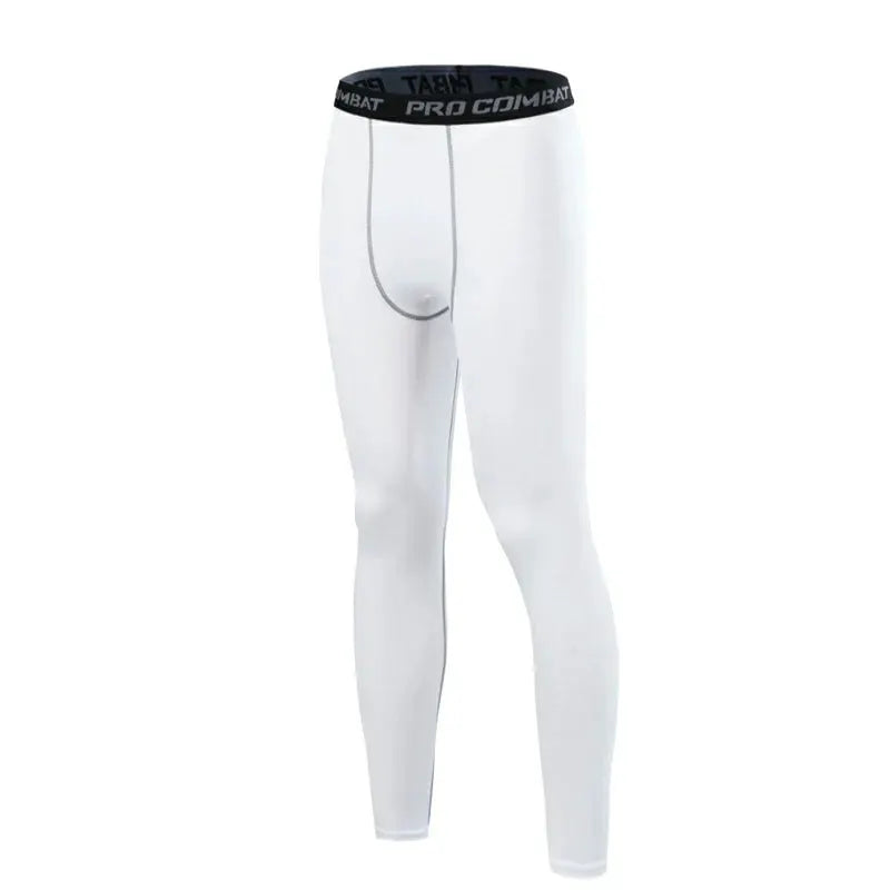 SONECHOKI white men's compression pants with black PRO COMBAT waistband, polyester gym tights for training