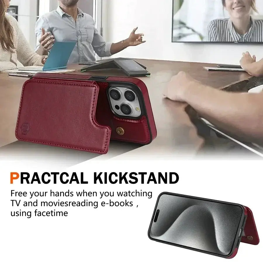 Wallet case by Simples Market with RFID-blocking red leather and magnetic kickstand for iPhone 7–16 Pro Max.