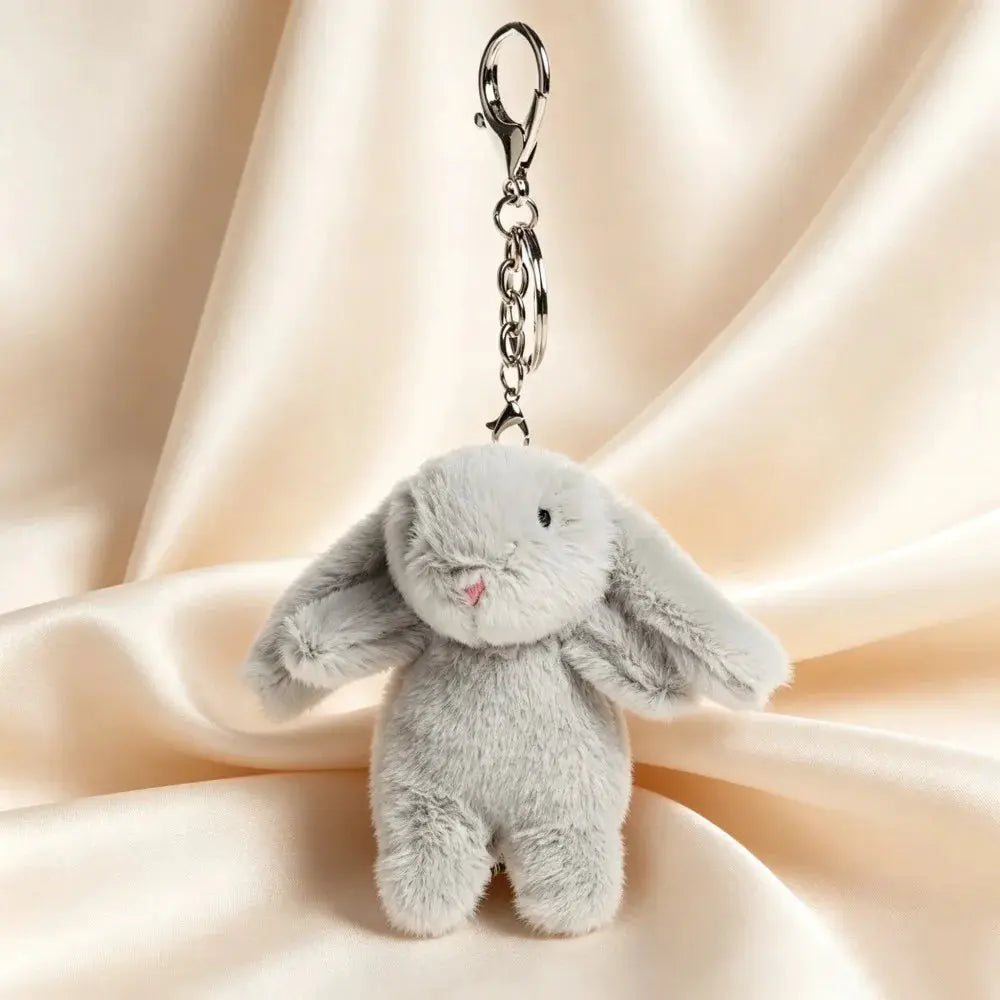 Cute plush bunny keychain in gray with a metal chain and lobster clasp for bags