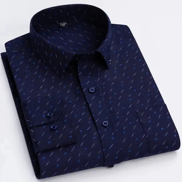Men's navy long-sleeve shirt with subtle blue micro print and single chest pocket, folded