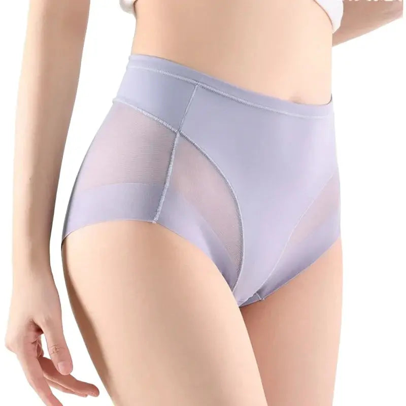 Shaping briefs with mid-rise lavender mesh panels for tummy control and butt lift