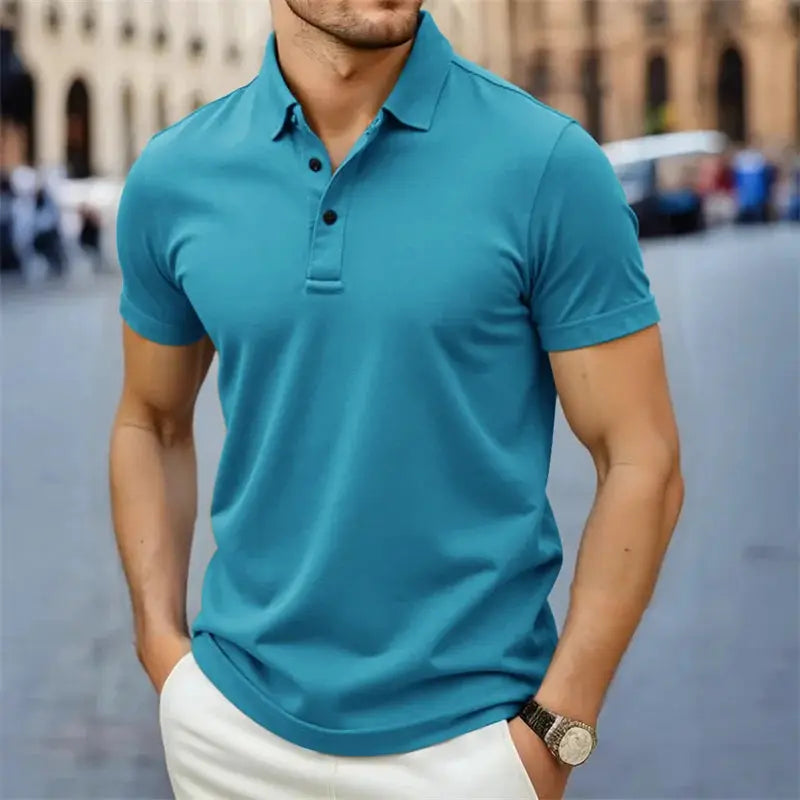 Men's teal polo shirt with collar, short sleeves, breathable casual top