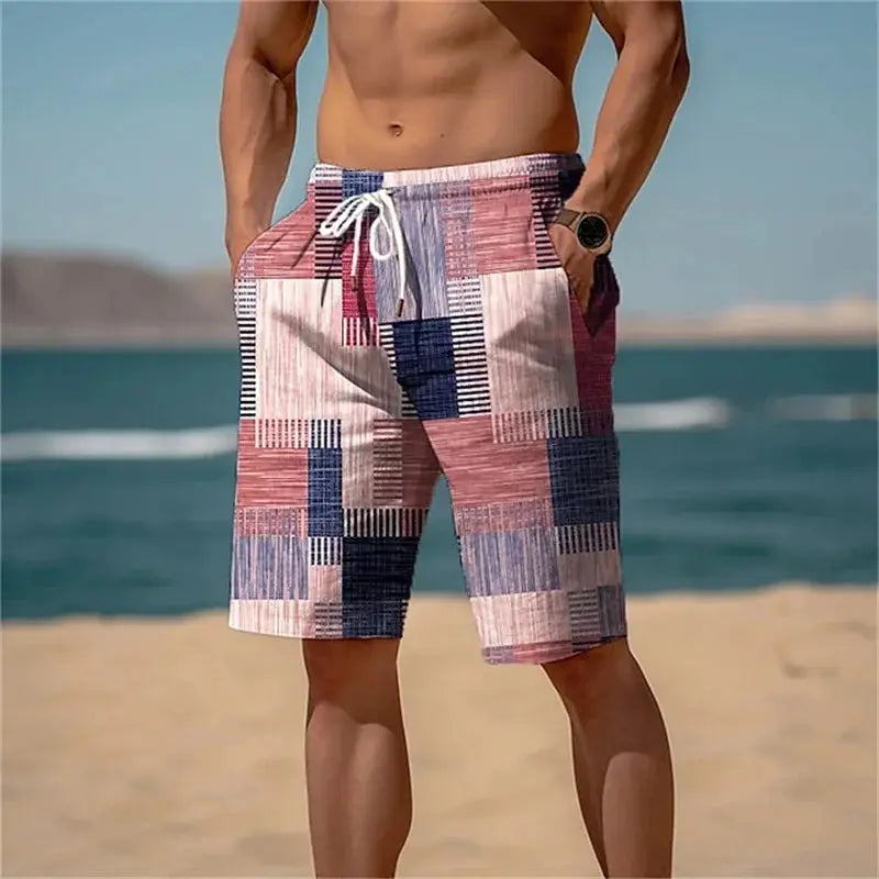 Men's square-splicing beach shorts in colorful plaid 3D print, quick-dry swim trunks by Simples Market