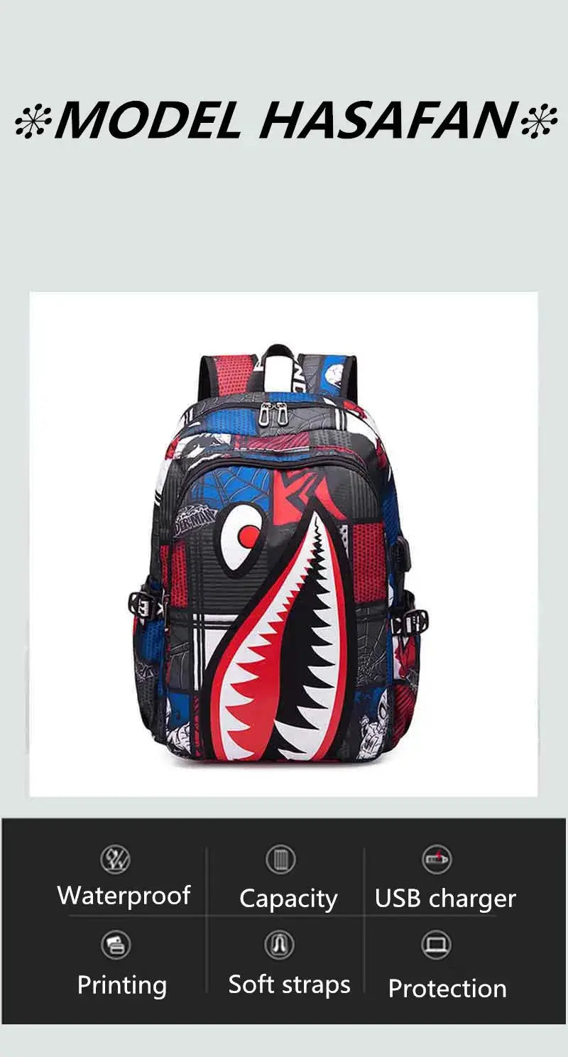 Backpack by Simples Market with cartoon shark print, black-red-blue panels for kids' school use.