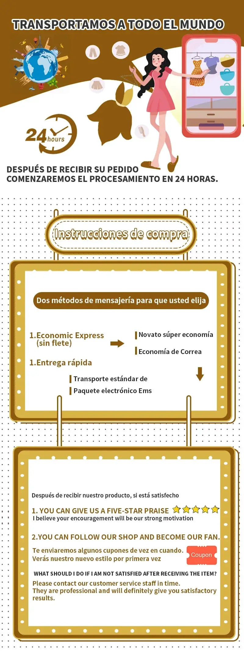 Infographic for online orders with Spanish text, showing worldwide shipping, 24-hour processing, and two messaging options.