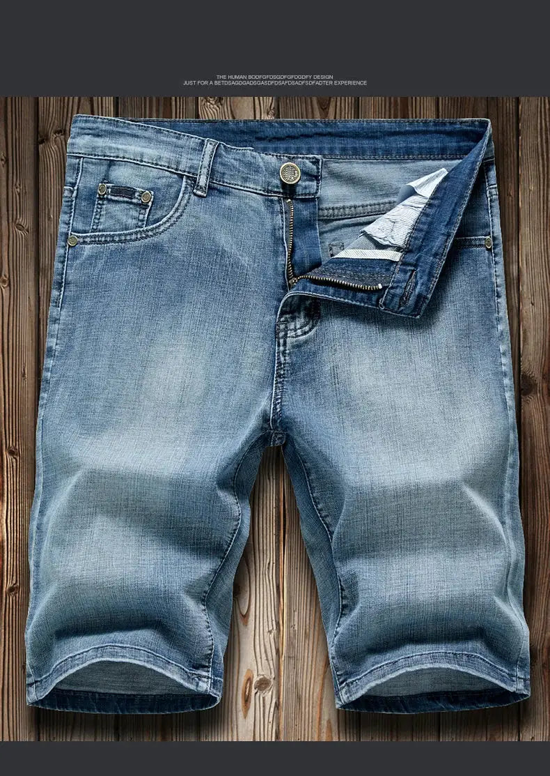 Men's slim blue denim shorts, light wash, stretch fabric, Simples Market