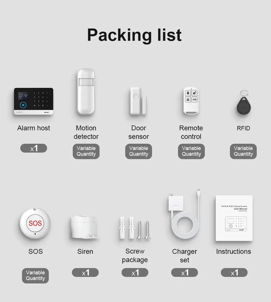 PGST 4G/2G WiFi GSM alarm system kit by Simples Market; packing list shows alarm host and accessories.
