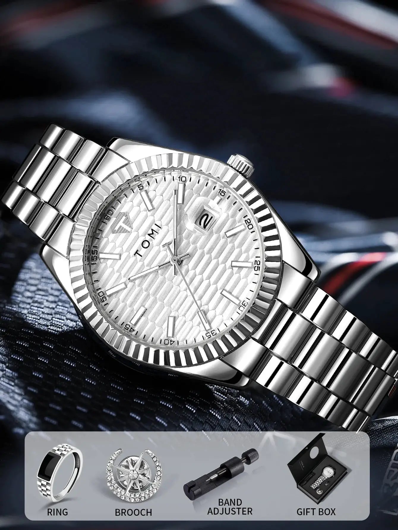 Men's TOMI stainless steel watch with calendar date display and silver bracelet